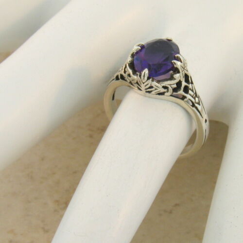 #561 GENUINE AMETHYST .925 STERLING SILVER ANTIQUE FILIGREE STYLE RING 