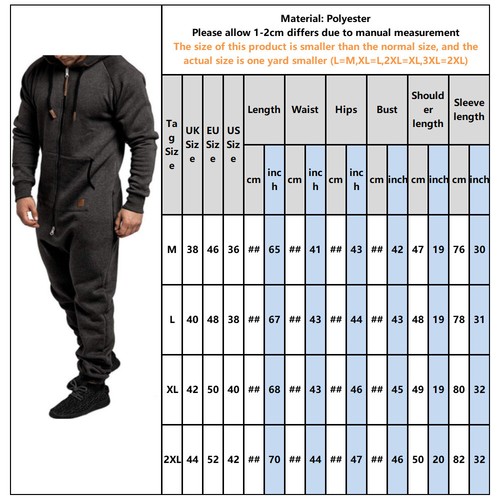 Mens Full Zip 1Onesie All In One Piece Jumpsuit Hooded Playsuit Romper Tracksuit