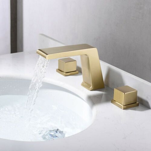 Two Handles Waterfall Bathroom Sink Faucet Widespread Mixer Tap in Brushed Gold 