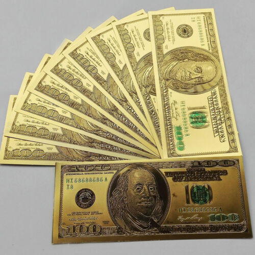 10pcs 1:1 24k Gold Foil Golden USD $100 dollar Paper Money Banknotes Crafts Hot 