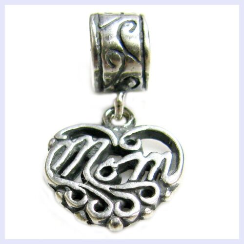 Sterling Silver Heart Love MOM Mother Dangle Bead for European Charm Bracelet