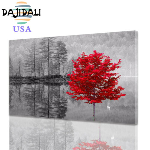 Red Gray Black Home Decor Wall Art Photo Print Tree Landscape Lake Picture 1PC 