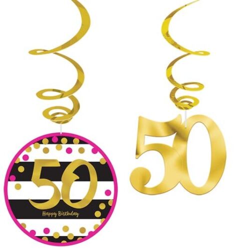 HOT PINK AND GOLD 50th BIRTHDAY HANGING SWIRL DECORATIONS ~ Party Supplies 12