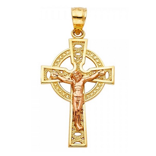 Small Celtic Cross 14k 2 Tone Gold Rose Yellow Pendant Crucifix Jesus Religious