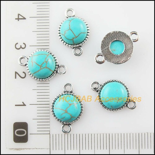 15Pcs Tibetan Silver Tone Blue Turquoise Round Charms Connectors 11x17mm