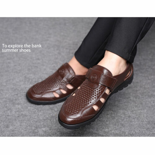Men's Summer Leather Sandals Hollow Out Breathable Slip on Shoes Casua 