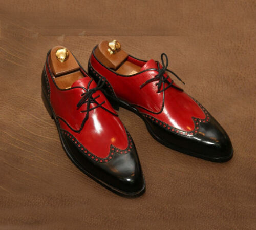 Two Tone Red Black Contrast Wing Tip Rounded Toe Handmade Leather Shoes For Mens 