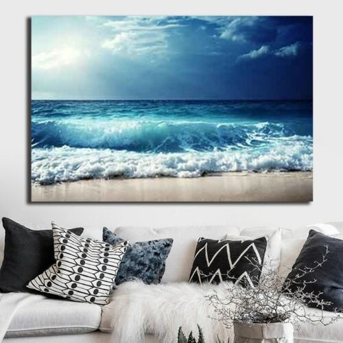 Blue Ocean Waves Canvas Painting Print Art Beach Seascape Poster Canvas Wall Art