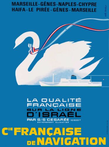 France to Israel Oceanliner Vintage French Cruise Ship Travel Poster Print 