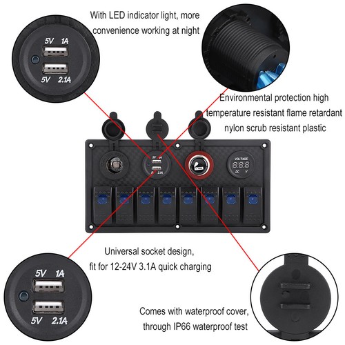 12//24V LED Schaltpanel Schalter Schalttafel 2USB+Voltmeter Zigarettenanzünder DE