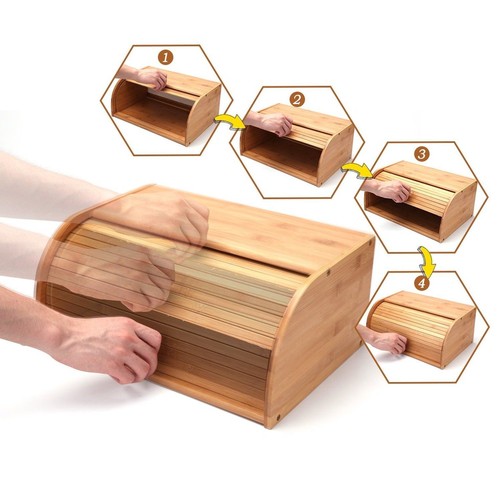 Roll Top Bamboo Wood Bread Box Loaf Container Kitchen Food Storage Bin Large