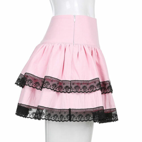 Women Lace Trim Pleated Skirt High Waist A-line Gothic Punk Skirt Y2k Streetwear 