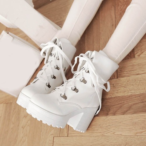 Details about / Womens Punk Platform Biker Boots Block High Heel Lace Up Riding Ankle Boots Size