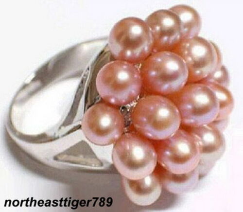 7.8.9 Genuine Pink Pearl Beads Flower 18KWGP Ring Size