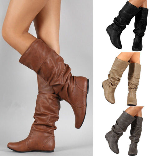 Womens Leather Knee High Boots Slip On Midi Calf Under Knee Biker Booties Shoes