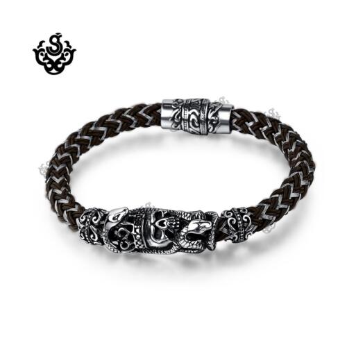 Silver bracelet bikies chain stainless steel skull crown snake black silicon new
