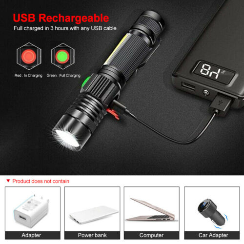 Magnetic Zoomable LED Torch USB Rechargeable Flashlight COB Camping Hiking Lamp