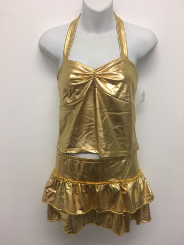 NWT 3Pcs gold lame bikini Halter top with mini skirt Club Wear Lingerie Details about  /  #110270
