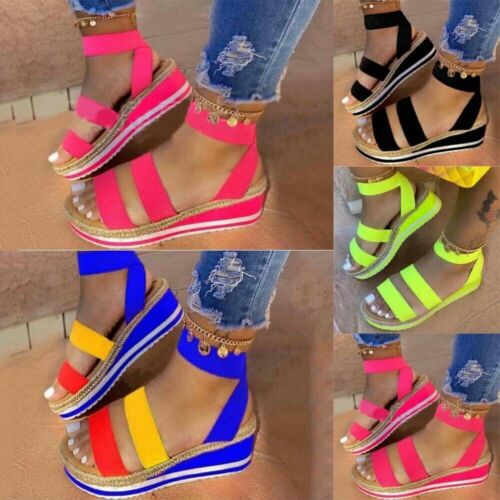Womens Colorful Sandals Slip On Wedge Platform Heel Peep Toe Ankle Strap Shoes