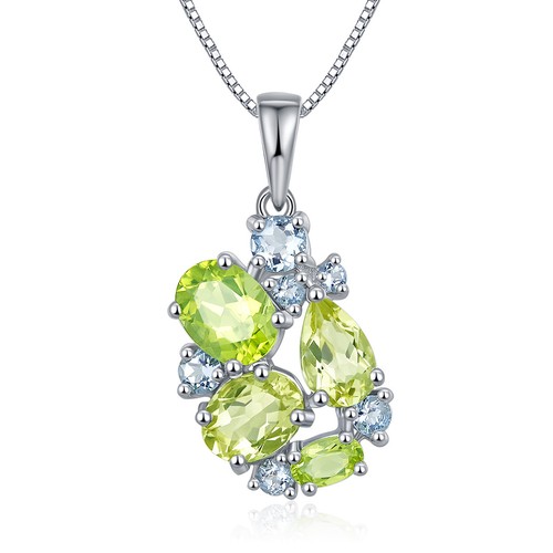 Natural Gemstone Perdiot Aquamarine Pendant Solid 925 Sterling Silver Fine Chain