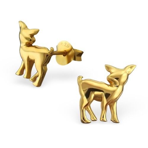 925 Sterling Silver Gold Plated Deer Stud Earrings Animal Girls Ladies Boxed