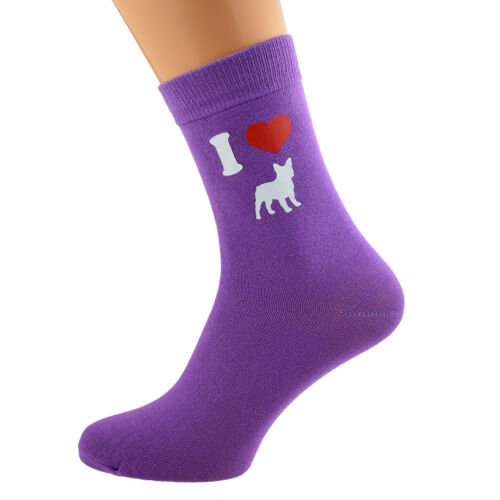 Me encanta francés Bulldogs señoras púrpura perro calcetines UK Size 4-8 X6N140