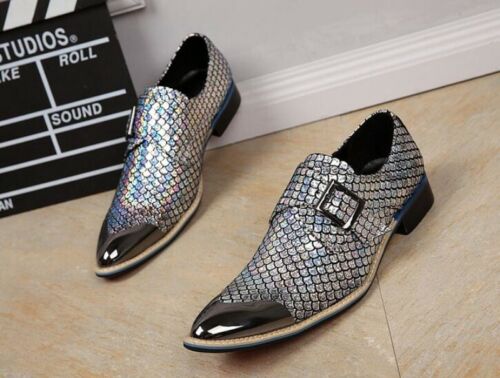 Details about   Mens Bright Steel Pointed Toe Buckle Slip On Block Business Formal Leather Shoes 