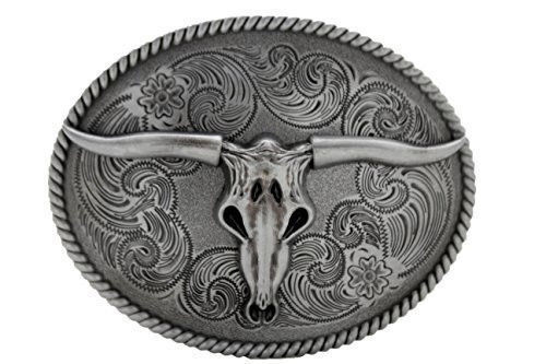 Men Silver Round Belt Buckle Fashion Skeleton Bull Skull Texas Long Horns Cow