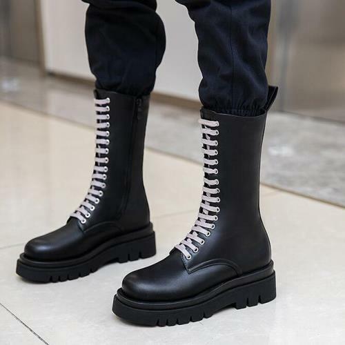 Details about  / Womens Fashion Punk Round Toe Lace Up Mid Calf Knight Boots Chunky Low Heels