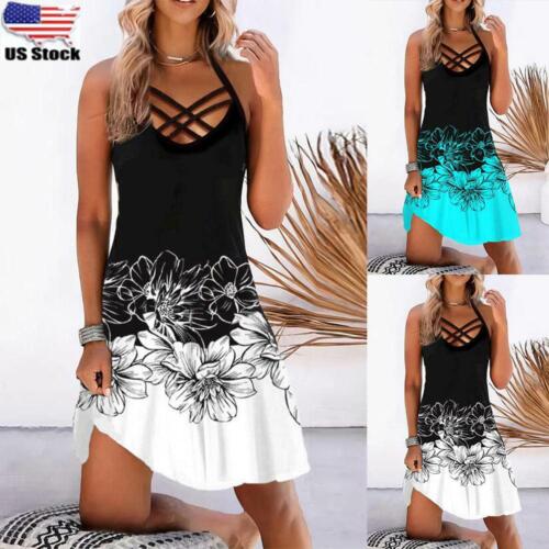 ⭐Womens Halter Neck Floral Mini Dress Ladies Sleeveless Summer Beach Sundress