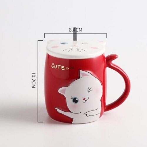 Cute Kitty Cat Ceramic Mug With Lid & Spoon 3D Kawaii Gift Cup for Tea/Coffee 