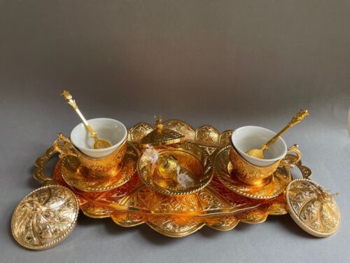 Gold Colour Coffee Cups with the Lids Gift Set for 2 Spoons Bowl and Tray