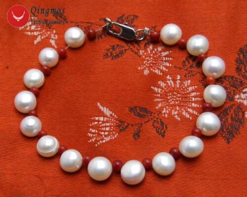 7-8 mm Plat Rond Blanc Side drilled Pearl Bracelet Femmes Corail Rouge 7.5/" bra403