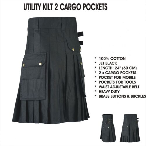 Men/'s Black Modern Utility Kilt With Side Straps /& Buckle Handmade 100/% Cotton