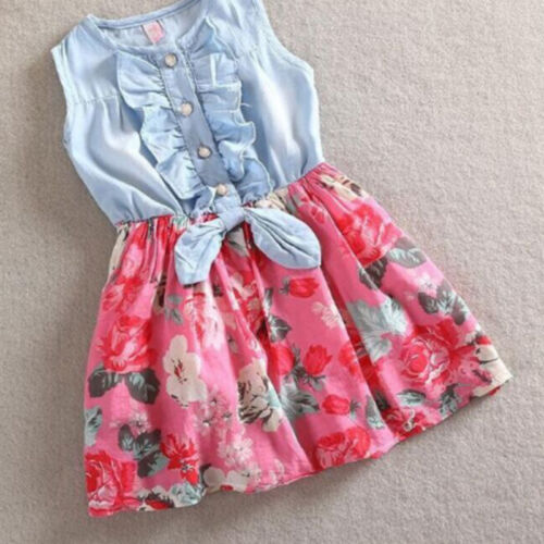 US Kids Girls Party Toddler Denim Dress Flower Print Summer Princess Sundress