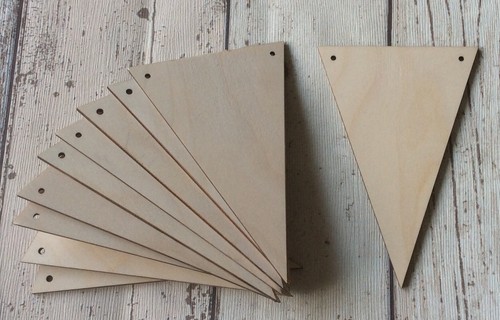 Set of ten triangle pennants for garlands or bunting laser wood slits or holes
