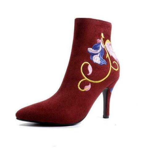 Womens Suede Embroidery Floral Pointed Toe Ankle Riding Boots Heels Shoes DIW