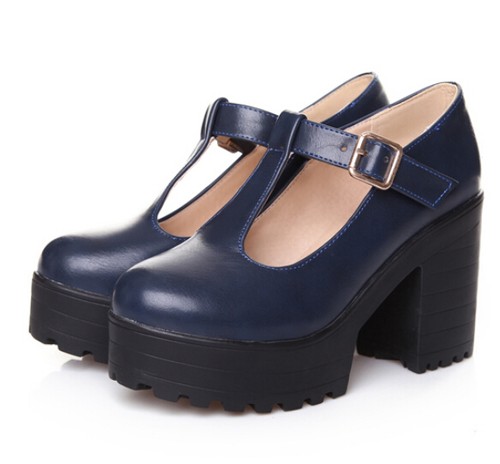 01 Womens T-Strap Platform High Chunky Heel Shoes Round Toe Mary Jane Buckle Hot