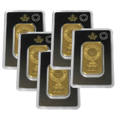 Details about  / Lot of 5 Gold 1 oz RCM Royal Canadian Mint Gold .9999 Fine Sealed In Assay Bars