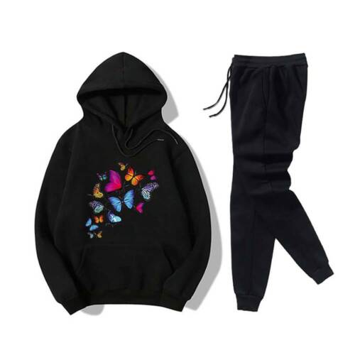 Women Butterfly Tracksuit Set Hoodie Tops Gym Jogging Trousers Activewear Sports