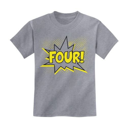Superhero Fourth Birthday FOUR 4 Years Old Gift Idea Kids T-Shirt Comix Style 