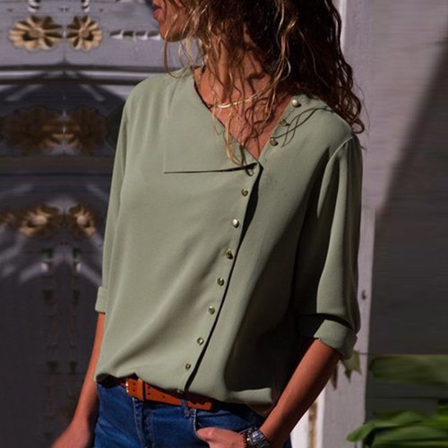 Womens Rollbare Langarm Knopf vorne Unregelmäßige Blusen Shirt Chiffon Tops