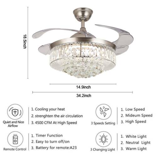 Crystal LED Chandelier Invisible Ceiling Fan Light Ceiling Lamp w// Remote