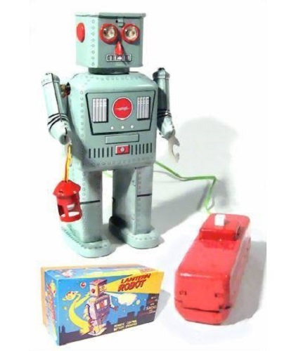 TR2050 LANTERNA ROBOT GIOCATTOLO di LATTA TELECOMANDO PILE FUMA Vintage
