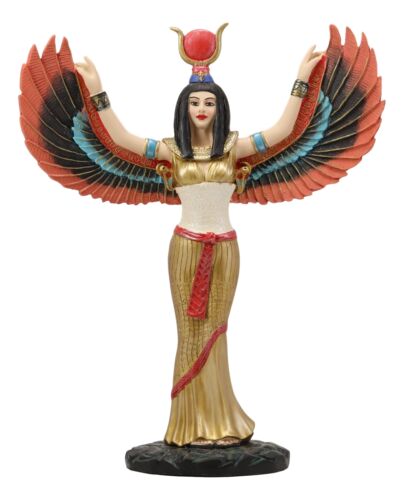 Colorful Egyptian Goddess Isis Ra With Open Wings On Gold Robe Statue 12" Tall 
