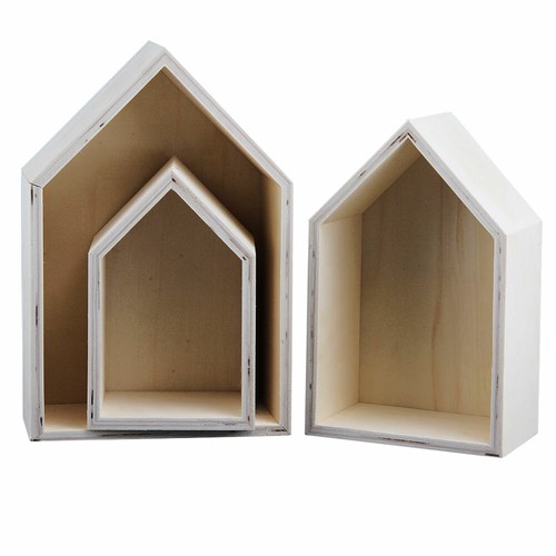 Holz unbeh. 3 teiliges Set Holzbox Wandregal Wanddekoration Regalbox Hausform