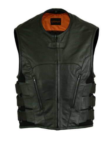 MENS MOTORCYCLE BIKER BLACK LEATHER VEST SWAT STYLE w// CONCEAL POCKETS STYLE NEW