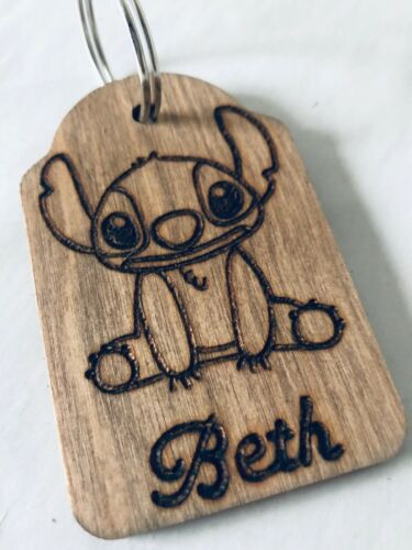 Personalised Wood Stitch Key Ring Keyring Key Chain Engraved Lilo /& Stitch Gift