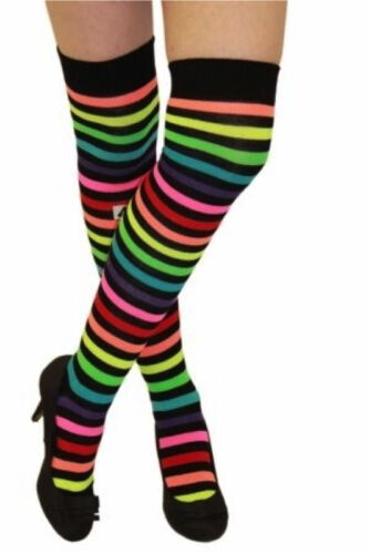 Ladies Girls Long BLACK//RAINBOW Over The Knee Striped Socks