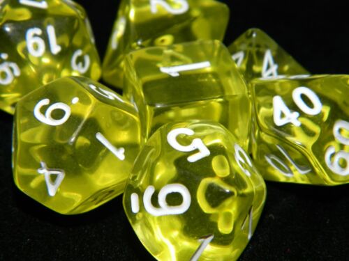 New 7 Piece Polyhedral Translucent Sun Gems Dice Set W// Dice Bag Yellow